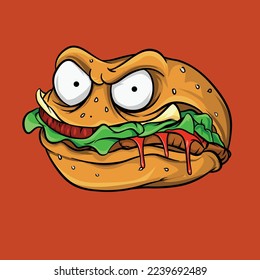 Mad Burger Monster Illustración con una expresión malvada. Caricatura de comida rápida de un hombre malo, de fondo marrón.