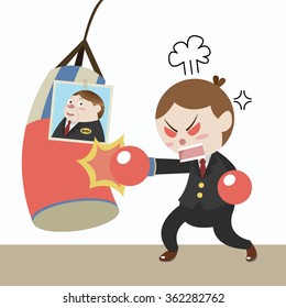 Mad Businessman Punch Against Boss Sandbag Cartoon Vector 