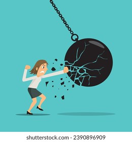 Mad businesswoman punching and breaking a huge wrecking ball in small pieces, Failure in business concept, illustration vector cartoon.  