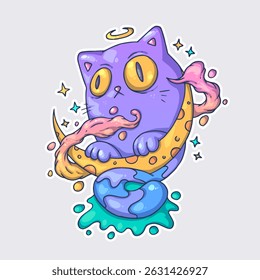 Mad Cat sits on the moon made of a piece of cheese. Cartoon vector character. Trendy style. Vector illustration.
