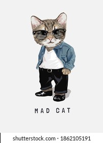 mad cat slogan with cat in sunglasses illustration