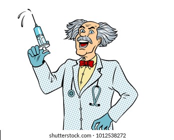 Mad crazy doctor with syringe in his hand pop art retro vector illustration. Isolated image on white background. Comic book style imitation.