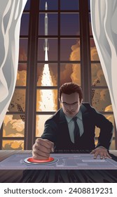 A mad dictator punching a big red button on his desk to launch a nuclear missile as shown in the background.