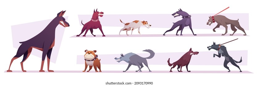 Mad dogs. Angry animals with sharp teeth exact vector zombie dogs in action poses standing walking and jumping