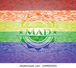 Mad emblem on mosaic background with the colors of the LGBT flag