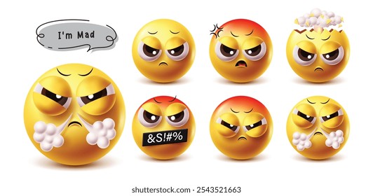 Conjunto de personajes de Vector de emoticono de emoji loco. Emojis tristes, estresan, explotan, aburrimiento, frustración y expresión facial loca Elementos de diseño de personajes de emoticonos. Conjunto de colección de emojis de Ilustración vectorial loca.
