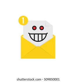 mad emoji in yellow letter notification. concept of spam, receive e-mail, loony, postal card, facial, dumb, lunatic mood, communication. flat style trend modern logo graphic design on white background
