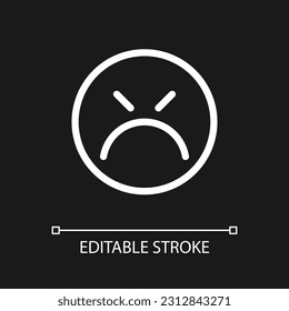 Mad emoticon pixel perfect white linear ui icon for dark theme. Emotional expression. Feedback. Vector line pictogram. Isolated user interface symbol for night mode. Editable stroke. Arial font used