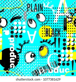 Mad eyes, eyebrows, inscriptions and geometric shapes, barcode in white, gray, yellow and black colors the seamless pattern on blue background.
