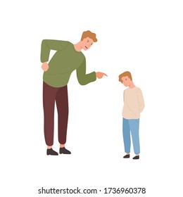 Mad Father Scolding Little Son Vector Flat Illustration. Annoyed Parent Screaming To Guilty Child Pointing Finger Isolated On White Background. Relationship At Family, Punishment And Disobedience