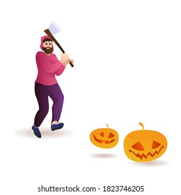 El loco guardabosques corre con un hacha para calabazas sobre un fondo blanco. Un hombre con sombrero y calabazas para halloween.