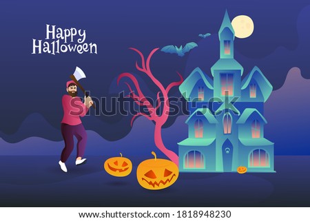 A mad forester runs with an ax for pumpkins against the backdrop of a scary castle with bats. Happy halloween postcard invitation. Man with pumpkins under the full moon.