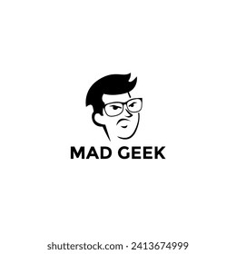 Mad Geek Face Flat Logo Design. Geek Boy Icon Vector Illlustration.