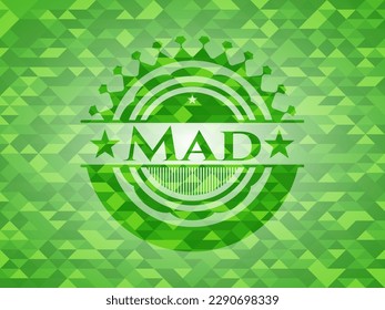 Mad green emblem with triangle mosaic background. Vector Illustration. Detailed. 