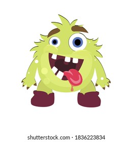 Mad green monster with opening mouth and stick out tongue. Illustration troll halloween, goofy gremlin creature, cute ugly goblin face vector