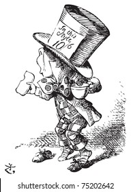 The Mad Hatter arrives hastily in court to testify - Alice in Wonderland engraving. The first witness was the Hatter. He came in with a teacup in one hand and a piece of bread-and-butter in the other