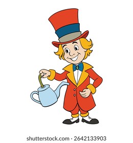 The Mad Hatter gleefully pours tea with wild eyes and a crooked grin, spilling drops mid-air as steam swirls around his whimsical hat and mismatched teacups.
