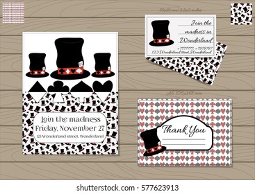 Mad Hatter Hat Alice in Wonderland. Set Collection of Invitation card, Thank you Note, Business Card. Printable Vector Illustration for Graphic Projects, Parties, Web, Celebrations. Wooden Background