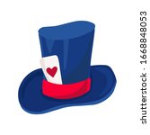 Mad Hatter hat with red ribbon and playing card. Blue cylinder hat. Fairy tale Alice in Wonderland. Isolated on white background. Flat vector cartoon illustration
