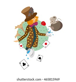 Mad Hatter holds a cup in a colorful costume. Mouse sitting in a pot and pours tea into a cup
