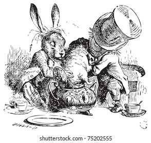 Mad Hatter   March Hare dunking the Dormouse     the last time she saw them  they were trying to put the Dormouse into the teapot  Alice's Adventures in Wonderland original vintage illustration 