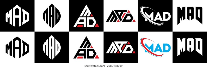 MAD letter logo design in six style. MAD polygon, circle, triangle, hexagon, flat and simple style with black and white color variation letter logo set in one artboard. MAD minimalist and classic logo