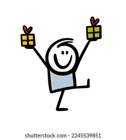 Mad lover goes to give presents for the Valentines day holiday. Vector illustration of a man with gifts in rising up hands.