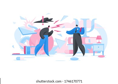 Mad male client with mental disorder breaking furniture and yelling at doctor during appointment in cozy office in contemporary psychological clinic