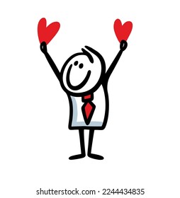 A mad man holds two red hearts of Valentines Day gifts high above his head. Vector illustration of doodle stickman for the holiday of love.