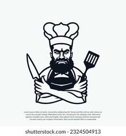 mad mustache and beard, serious chef in arms crossed pose with knive and spatula. chef cook in hat. Black and white vector illustration, for logo or restaurant branding
