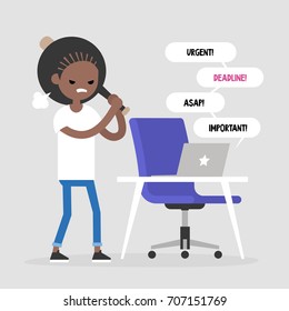 Mad office worker conceptual illustration. Young black female character hitting a laptop with a baseball bat. Flat editable vector illustration, clip art svg