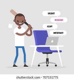 Mad office worker conceptual illustration. Young black character hitting a laptop with a baseball bat. Flat editable vector illustration, clip art