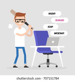 Mad office worker conceptual illustration. Young character hitting a laptop with a baseball bat. Flat editable vector illustration, clip art