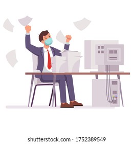 Mad office worker is throwing papers in the air, wearing a face mask, COVID 19