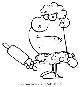 Mad Outlined Housewife Holding A Rolling Pin