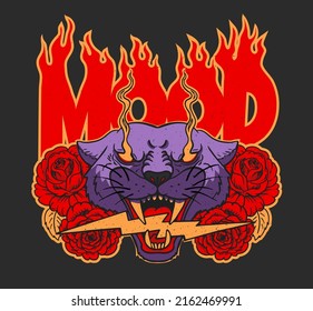 mad panther with lightning in its teeth and roses, retro print for t-shirt, vector