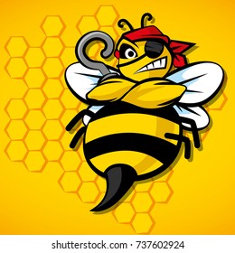 Mad pirate bee for sport team logo. Cartoon bee with big pirate hand hook on  Honey comb pattern background - vector character