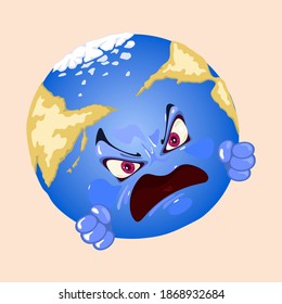 Mad planet with eyes, mouth, eyebrows and fist. Vector earth tired from cataclysm, climate change, infection and ecological problems. World disaster idea isolated on beige background