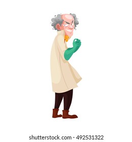 Mad Professor With Grey Bushy Hair In Lab Coat And Green Rubber Gloves, Cartoon Vector Illustration Isolated On White Background. Crazy Laughing White-haired Scientist, Stereotype Of Scientist