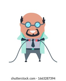 Mad professor in lab coat and dark rubber gloves