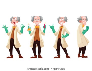 Mad professor in lab coat and green rubber gloves, cartoon style vector illustration isolated on white background. Funny laughing white-haired scientist in four different postures
