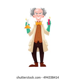 Mad professor in lab coat and green rubber gloves holding flasks, cartoon vector illustration isolated on white background. Crazy laughing white-haired scientist, stereotype of scientist