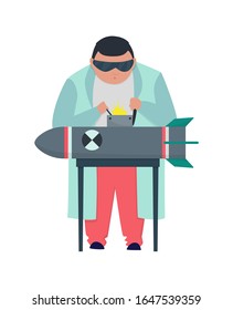 Mad professor in lab coat working on bomb. Crazy