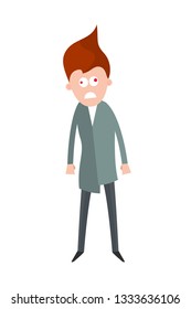 Mad professor with red bushy hair in lab coat and red eyes, cartoon vector illustration isolated on white background, flat style