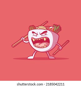 Mad Ramen Bowl character vector illustration. Food, funny, mascot design concept.