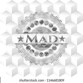 Mad realistic grey emblem with geometric cube white background