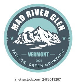 Mad River Glen, Vermont, Green Mountains ski resort stamp, emblem with snow covered mountains, vector