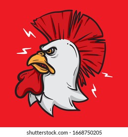 Mad rooster character with bright red mohawk hair. Animal mascot illustration isolated on red background