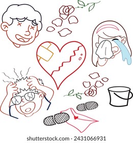 Mad and Sad of Broken Hearted Vector Cartoon Line Art Illustration