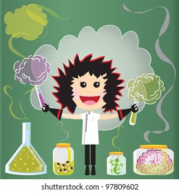 Mad Scientist Birthday Party Invitations. Puffs of smoke and fumes leak from test tubes, beakers and jars of eyeballs, lizards and a pink brains against a green chalkboard.